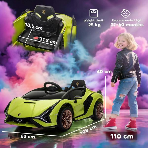 Green ride-on electric toy car with black seats, showing overall dimensions