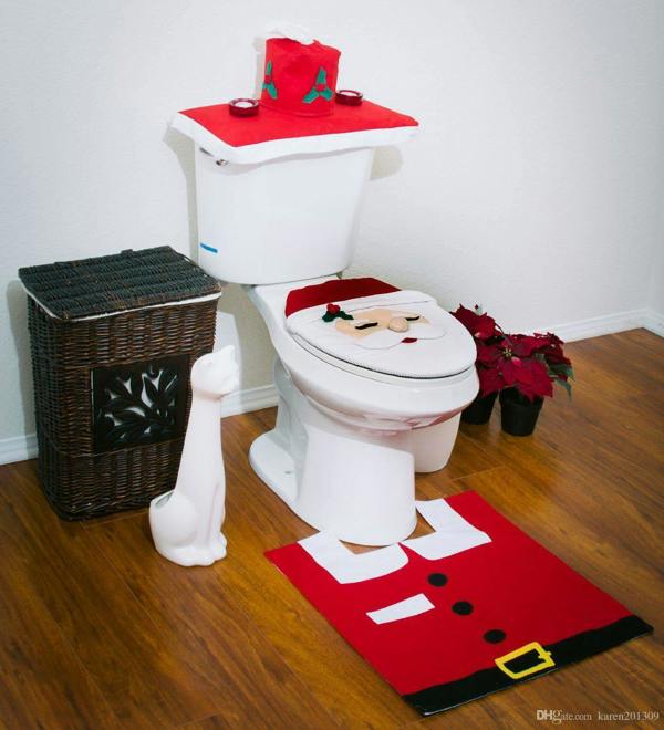 41cm Christmas Toilet Seat Cover and Bathroom Mat Set, 3 Piece Santa Style Holiday Decor in White image 3