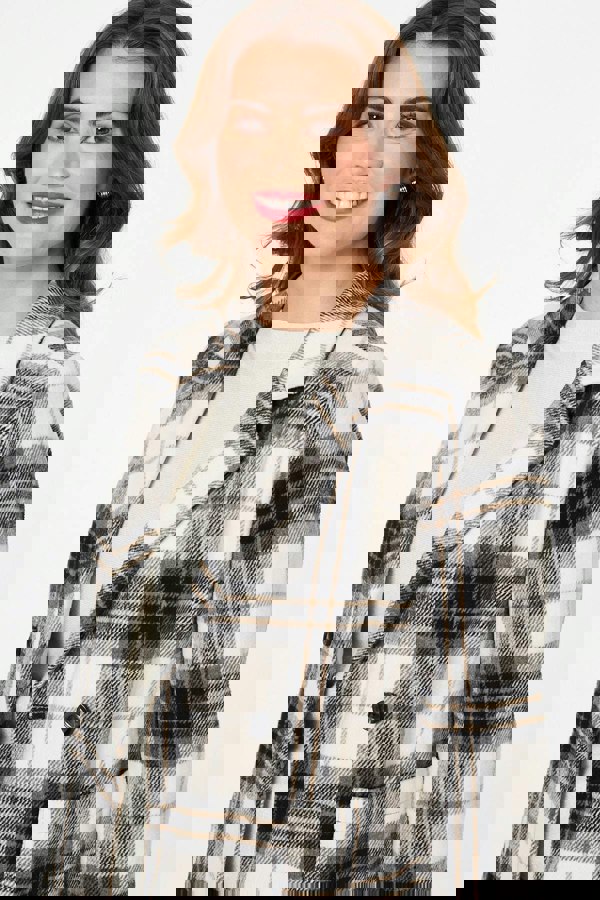 Beige | Checked Double Breasted Longline Coat
