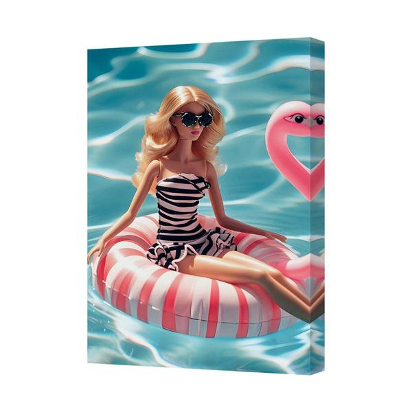 Benjamin Tate Design Barbie Style Doll Relaxing On Striped Pool Ring Canvas Art