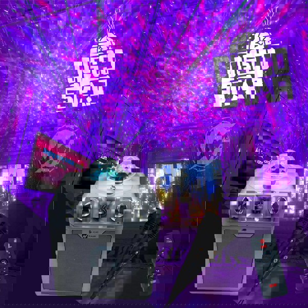 N-Gear | Disco Star 710 Silver Bluetooth Speaker Karaoke Set Party Box with Star Projector & 2 Microphones