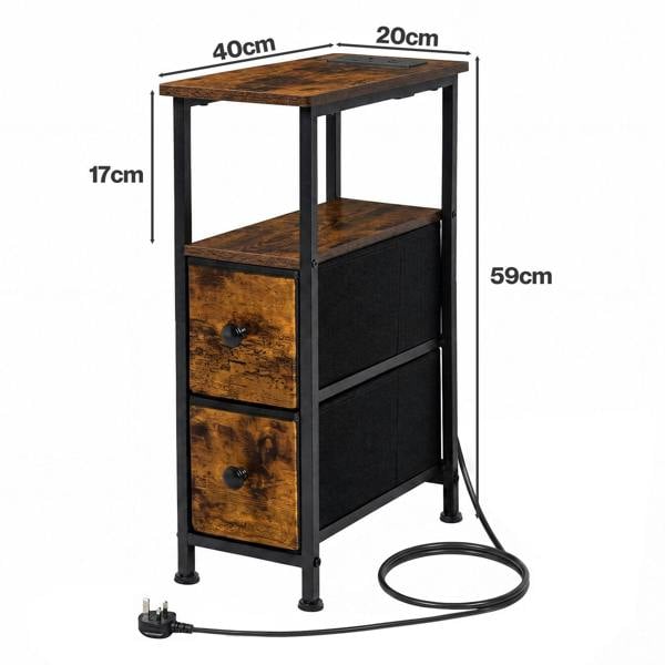 Levede Bedside Table Narrow Side Table with LED Charging Station Storage Brown