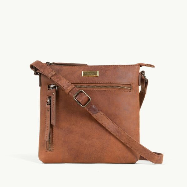 Assots London 'RUE' Distressed Tan Real Leather Crossbody Bag