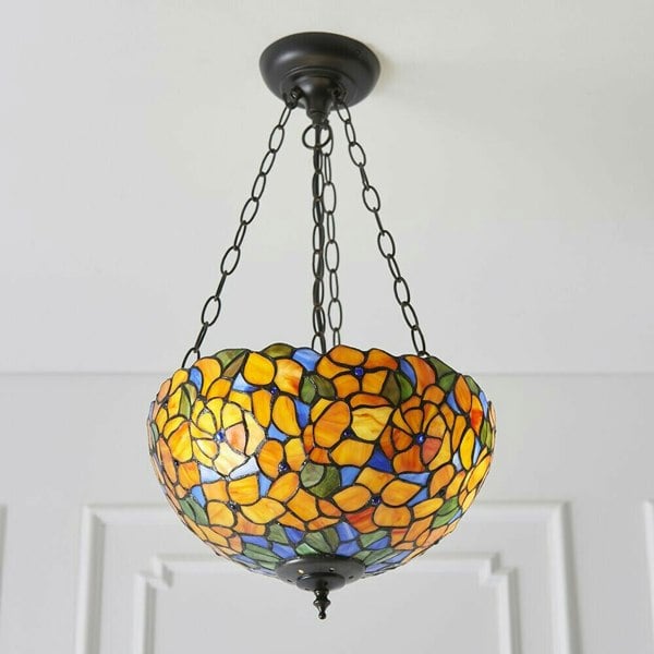Medium Floral Pendant Light - Tiffany Glass & Dark Bronze Finish - Dimmable LED Loops