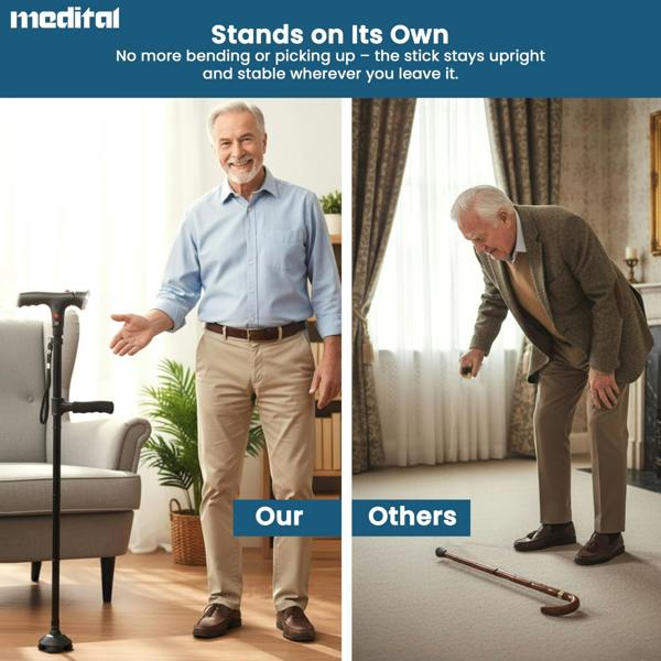 MEDITAL Folding Walking Stick with SOS Alarm & LED Light - 86-97cm Adjustable Aluminum Foldable Walking Stick for Men & Women