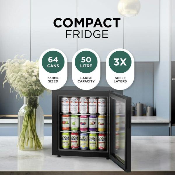DMD Collective Glass Door Mini Fridge – 50L Compact Drinks Refrigerator