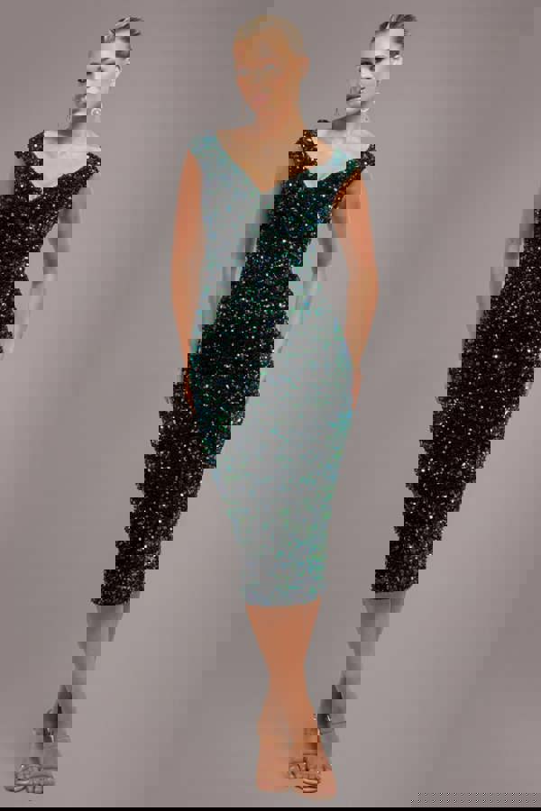Multi Sequin & Velvet Bardot Midi - Emerald Green DR3550