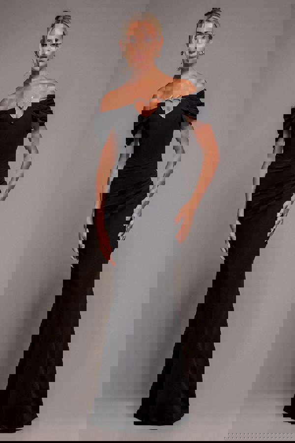 Diamante Heart Trim Evening Maxi Dress - Black DR4674