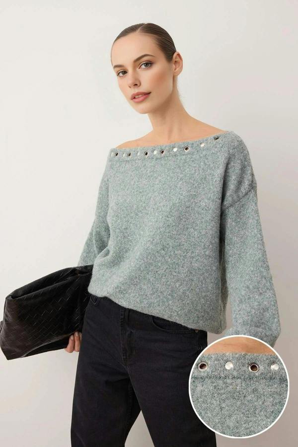 WOVCOR Boat Neck Woolen Soft Texture Knit Sweater with Eyelet Detail
