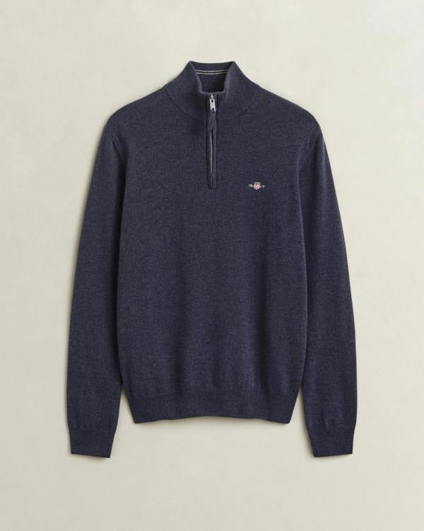 GANT Mens Superfine Lambswool Half Zip Sweater - 480 Dark Navy Melange | CHO | Designer Mens Half Zip Jumpers