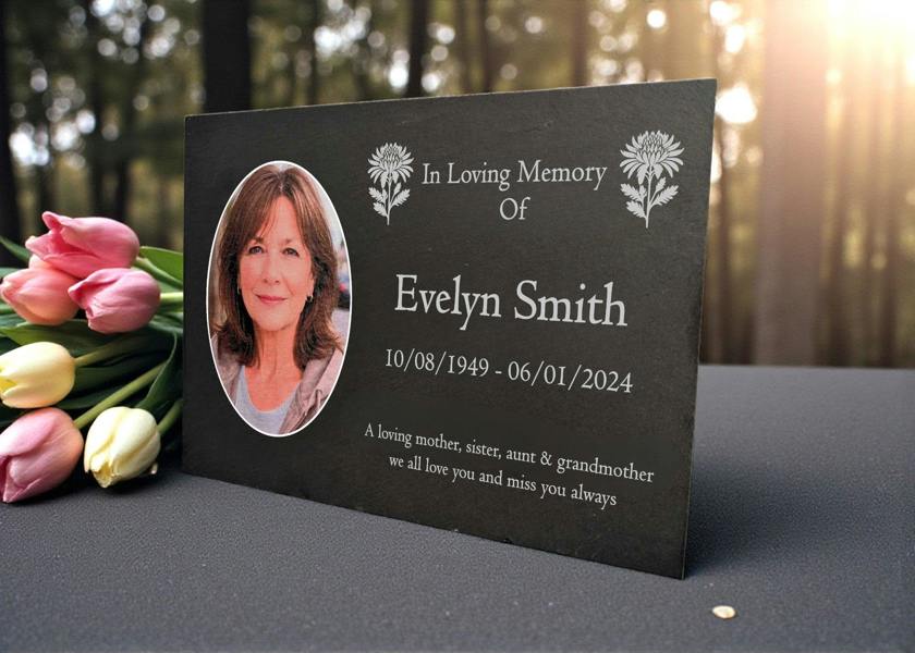Memorials Direct Photo Slate Memorial Plaque, Chrysanthemum, Add a Portrait & Personalised Text | 35×25cm (14×10”)