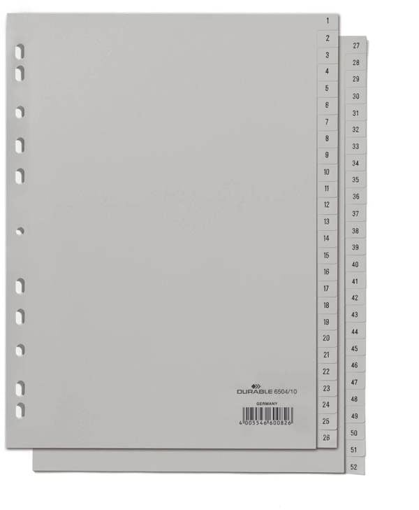 Durable 52 Part Numbered Tab Reinforced Punched Index Divider | A4 | Grey