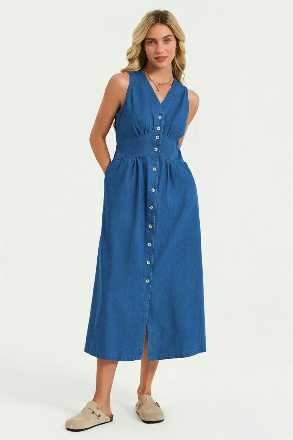FS Collection Button Down Denim Midi Dress In Blue