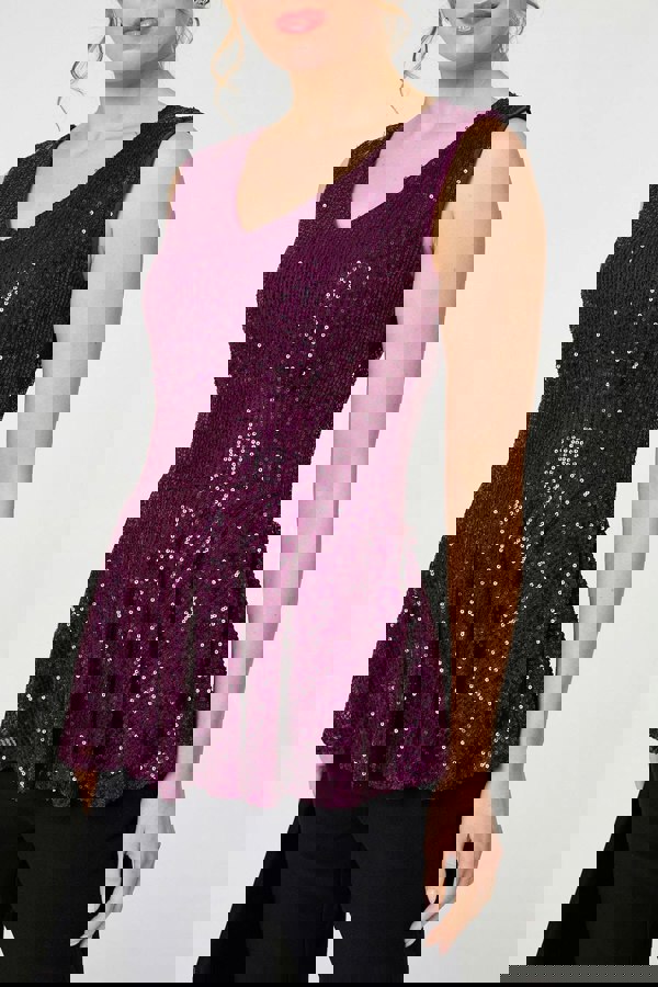 Purple | Sparkly Sequin Sleeveless Peplum Top : Model is 5'9"/175 cm and wears UK8/EU36/US4/AUS8
