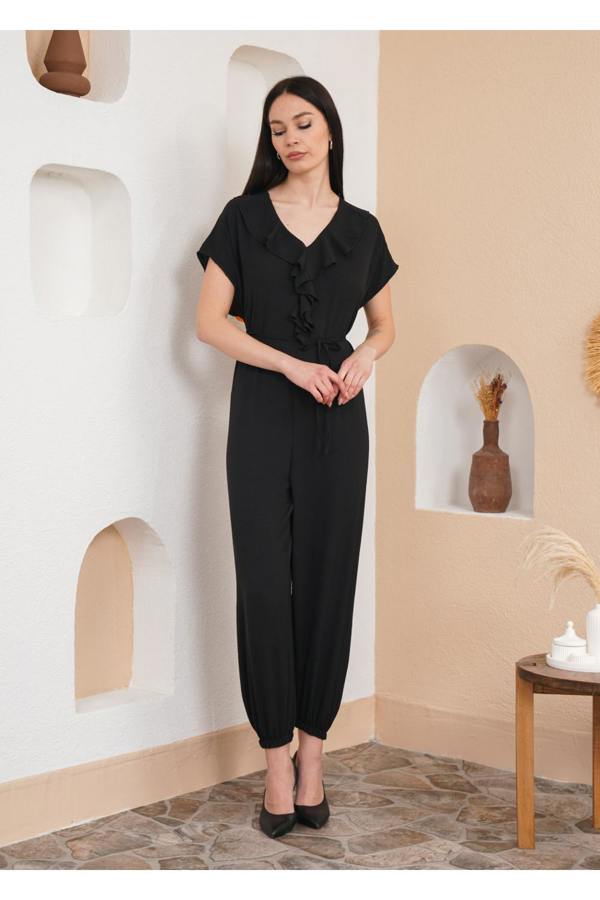Hoxton Gal Oversized Short Sleeves Frilled Front Jumpsuit in Black