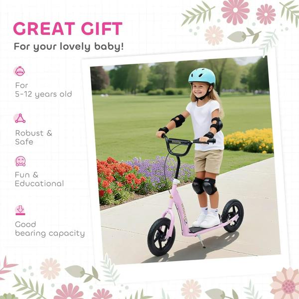 Pink kids kick scooter shown outdoors with a child standing on the deck