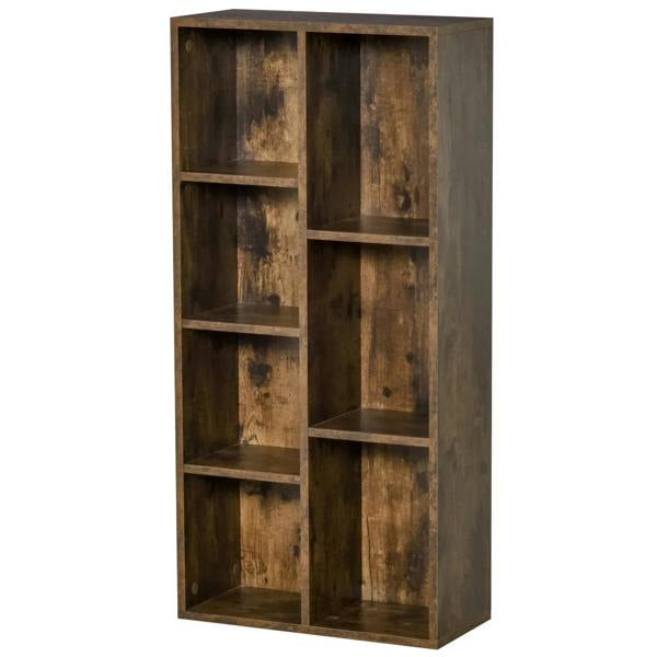Rustic brown wood-effect 7-cube bookcase with open shelves, full front view
