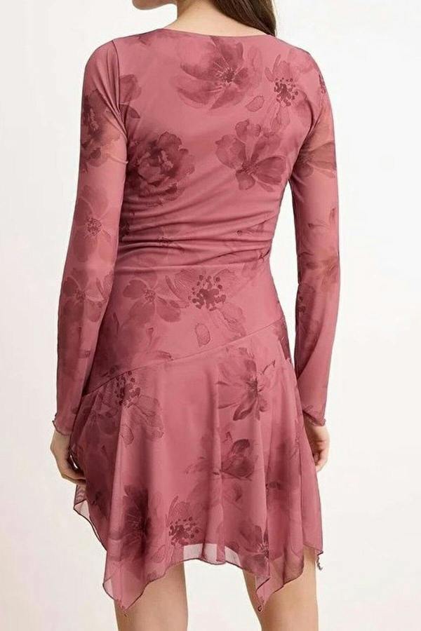 WOVCOR Abstract Floral Pattern A-Line Asymmetrical Mini Tulle Knit Dress