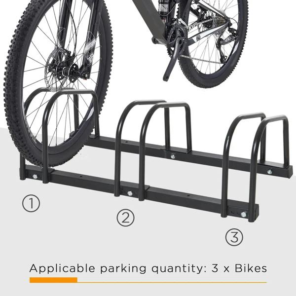 Black bike parking stand with three U-shaped tire supports for front and rear tires