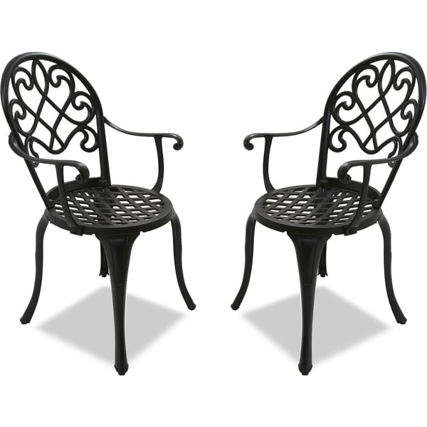 Homeology PREGO 2-Large Garden and Patio Bistro Chairs with Armrests in Cast Aluminium Black