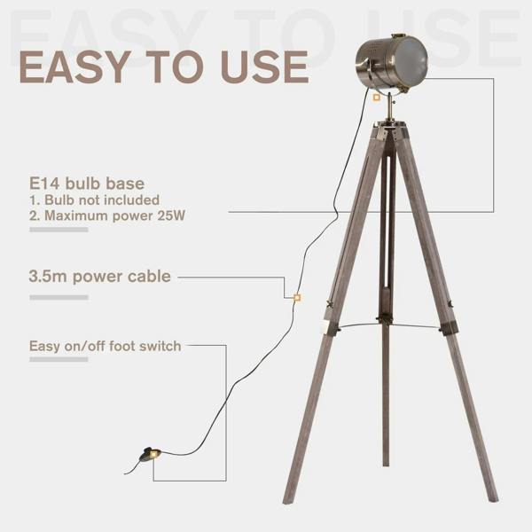 Industrial tripod floor lamp with E14 bulb base, power cable, and foot switch