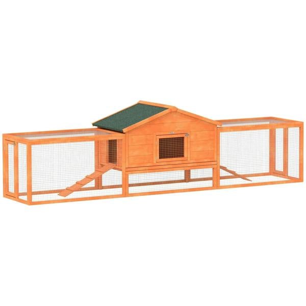 Orange wooden rabbit hutch with enclosed run, wire mesh panels, and green roof