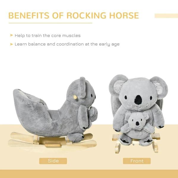 Gray koala plush rocking horse shown side and front with gloved doll on wooden rocker