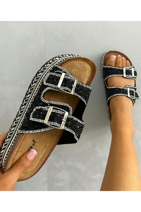 Remy Embellished Stone Double Buckle Platform Sandals - Black