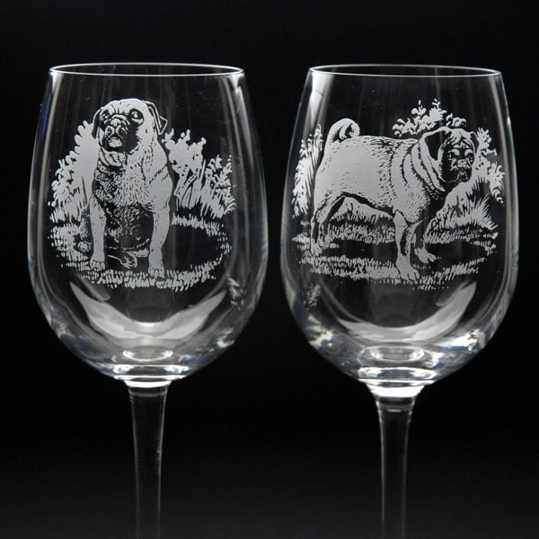 Glyptic Glass Art Pug Dog Crystal Wine Glass - Hand Etched/Engraved Gift