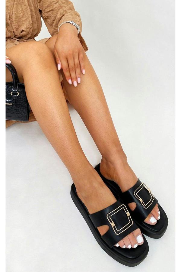 Aisha Faux Leather Slip On Sandals - Black
