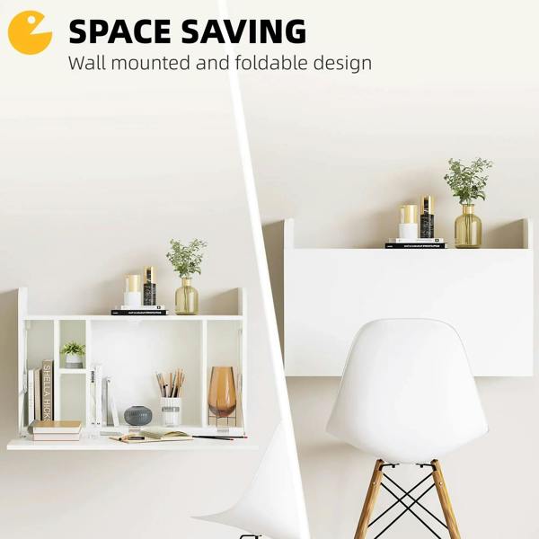 White wall-mounted drop-leaf desk with open shelving section above the work surface