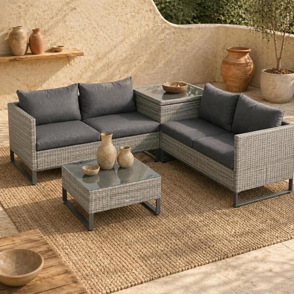 Wyld Haus Samilo 4 Seater Grey Rattan Garden Sofa Set With Storage Coffee Table