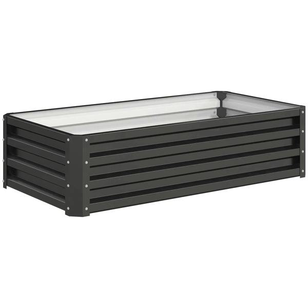 Rectangular raised garden bed with slatted panels and open interior, galvanized look