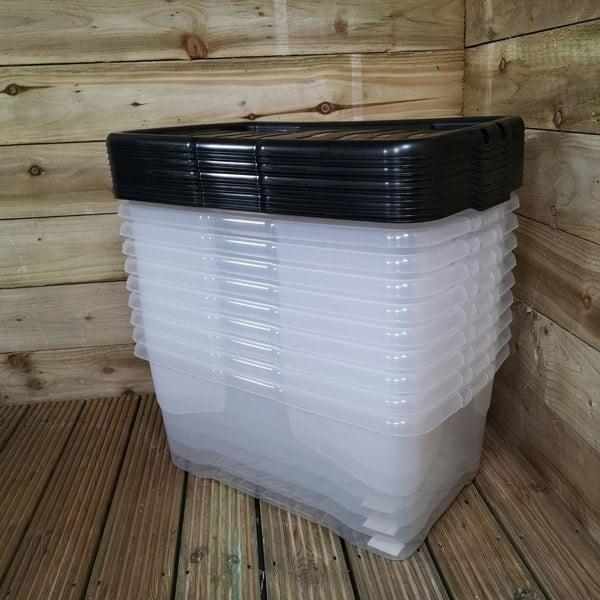 Samuel Alexander 10 x 42L Clear Storage Box with Black Lid, Stackable and Nestable Design Storage Solution