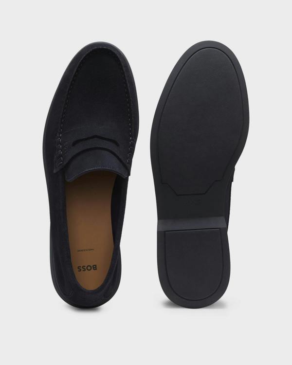 BOSS Orange Sienne Suede Loafers with Logo Penny Trim - Dark Blue 401 | CHO | Designer Mens Loafers