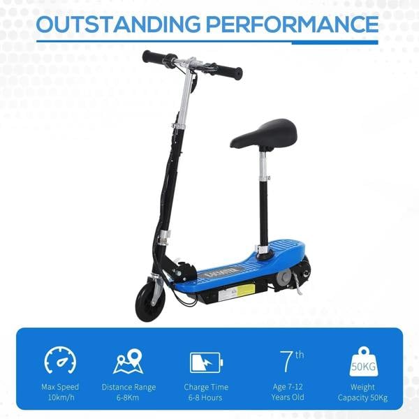Blue electric kids scooter with kickstand and seat, performance icon panel shown