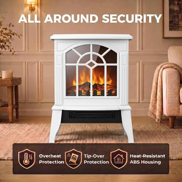 Freestanding Electric Fireplace, Electric Log Burner w/ LED Flame Effect, Overheating Safety System, 1000W/2000W, White