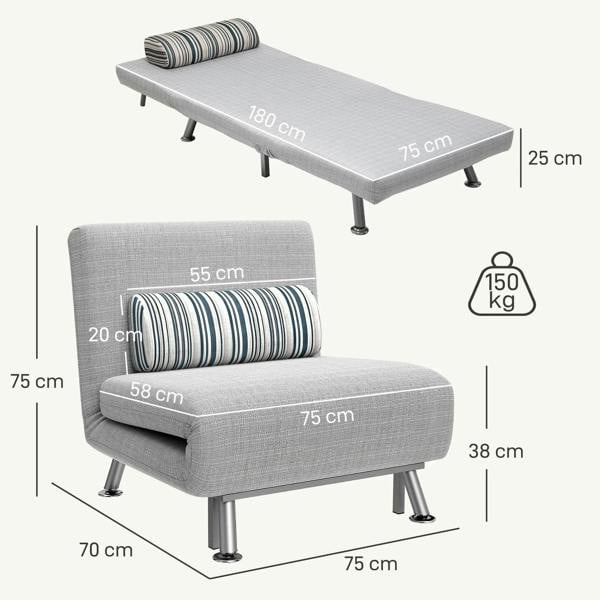 Light grey single sofa bed folded out flat, striped pillow at head