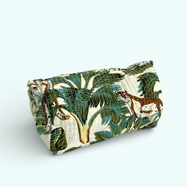 Hayley & Co Wild Animal Print Cotton Washbag, Make Up Bag, Pencil Case with Waterproof Lining - Wild Animal Print in White