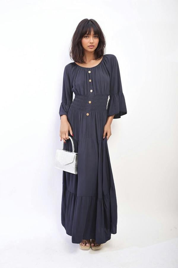 Leah Ruffle Hem Sleeve Shirred Waist Tiered Maxi Dress - Navy
