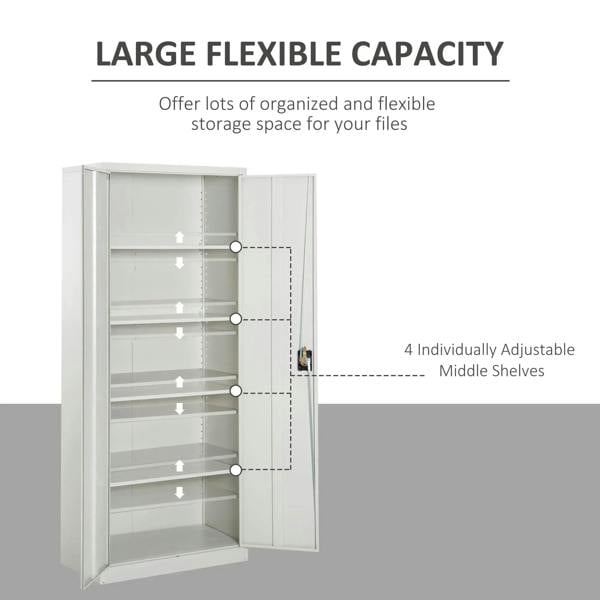 White lockable filing cabinet with open doors and 4 individually adjustable shelf levels.