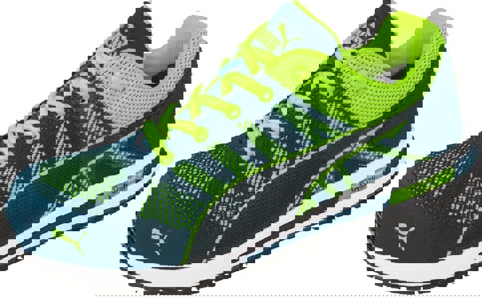 PUMA Safety Puma Elevate Mens S1P Composite Toe Midsole Safety Trainers, a vibrant blue and neon green athletic safety shoe with breathable mesh upper and durable outsole.