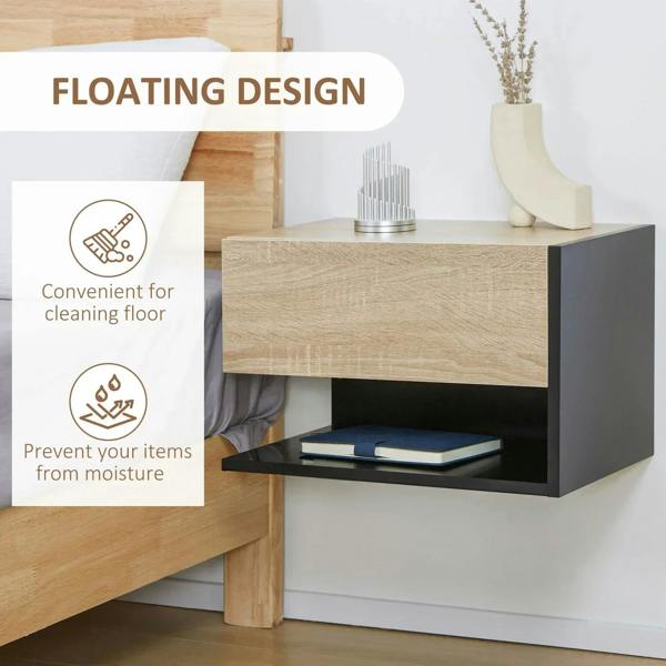 Wall-mounted bedside cabinet with oak-tone finish, dark sides, and open shelf