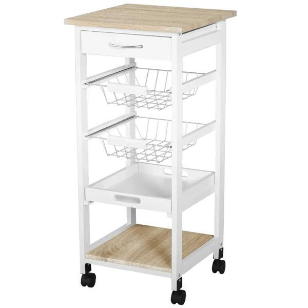 Mobile kitchen trolley with white frame, wood top, and wire storage baskets