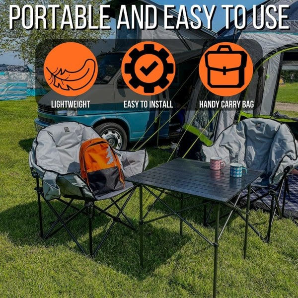 An infographic depicting the key features of the Folding Camp Table from OLPRO.