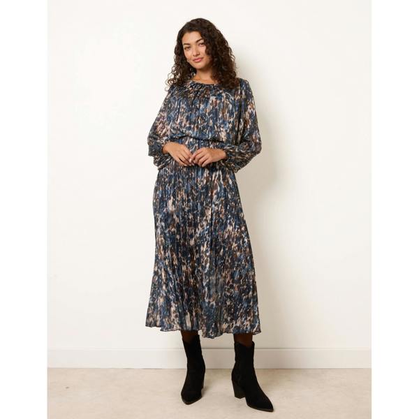 Blue Vanilla Metallic Leopard Print Pleated Scoop Pleated Dress