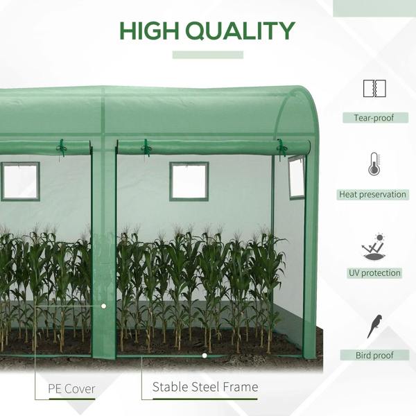 Green walk-in greenhouse with PE cover and steel frame walls and small rectangular windows