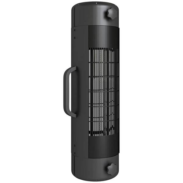 Black cylindrical outdoor electric patio heater with front metal grille and side mounting bracket