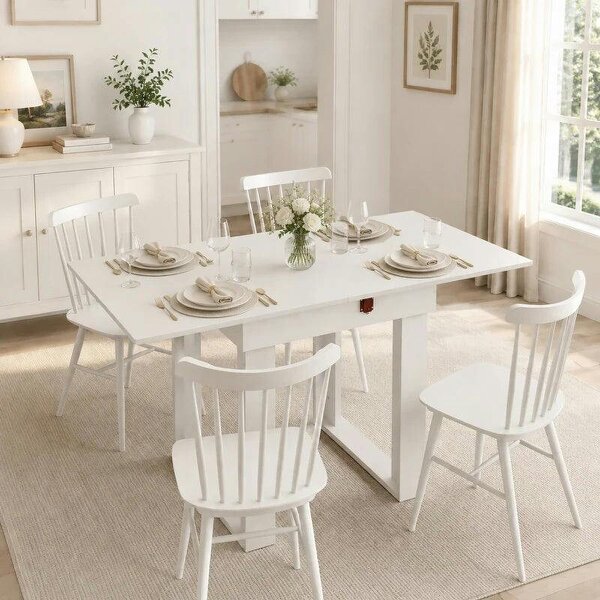 Folding Dining Table Under-Table Storage Extendable Kitchen Table Steel Rail White