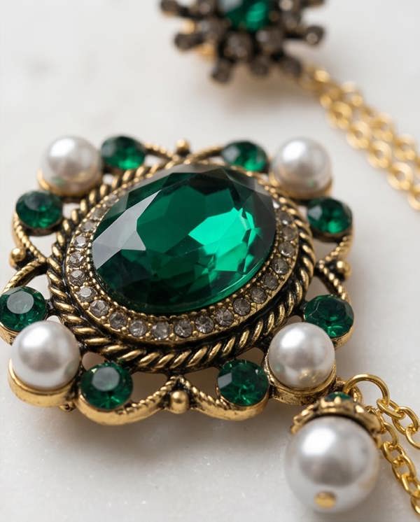 Pamoni Opulent Emerald & Pearl Lapel Chain Brooch